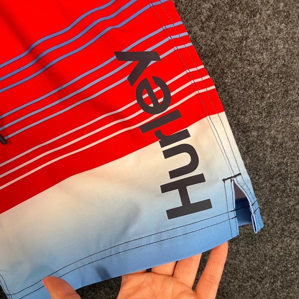 Hurley Mens Board Shorts Medium Red Blue Ombre Striped Swim Trunks Elastic Waist